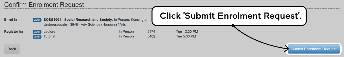 Screenshot of the enrolment waitlisting process in myUNSW as described