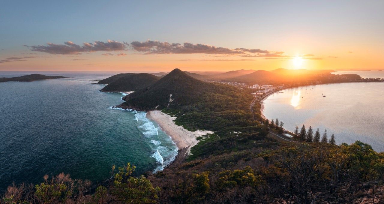 Scenic views over Shoal Bay Beach, Zenith Beach, Wreck Beach and Box Beach in Port Stephens from Tomaree Head Summit.